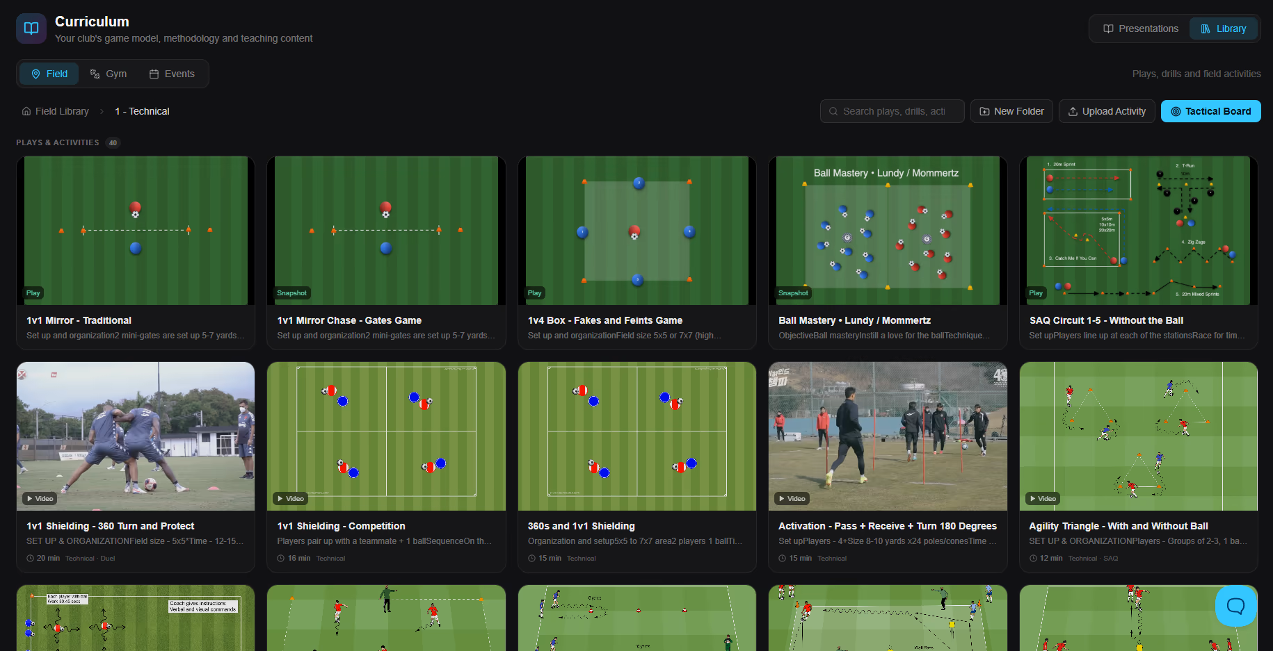 Curriculum library with plays, drills and field activities