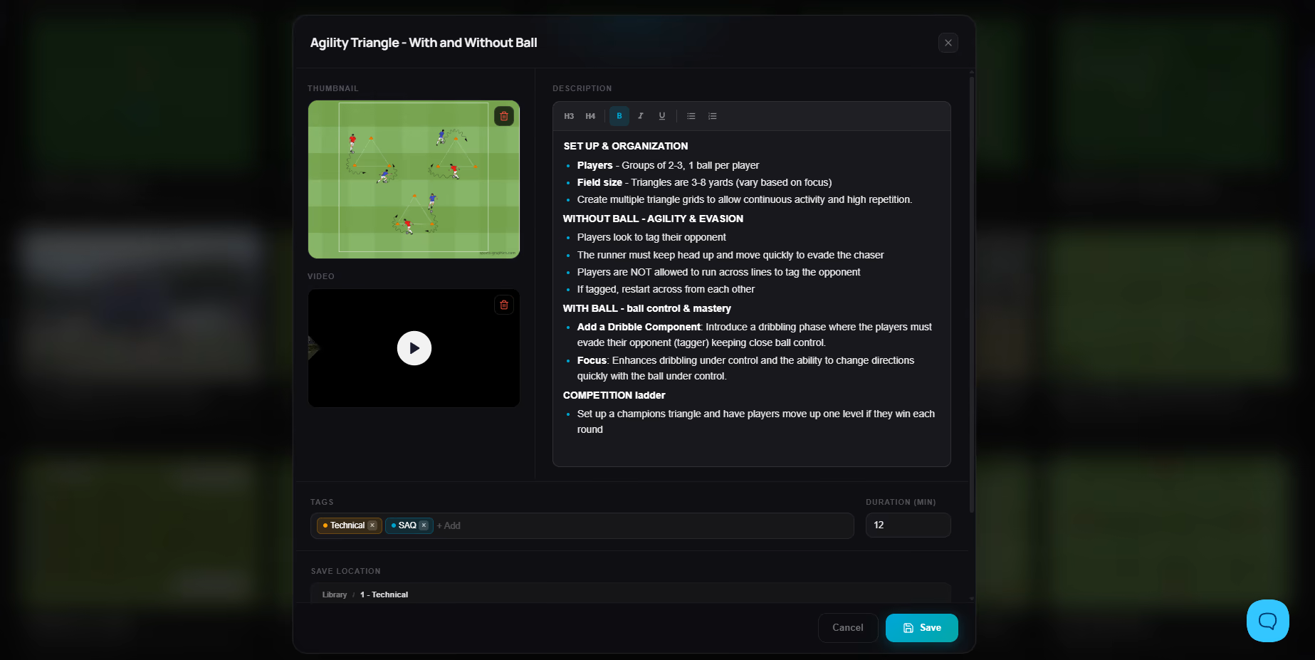 Drill detail with thumbnail, video, description and tags
