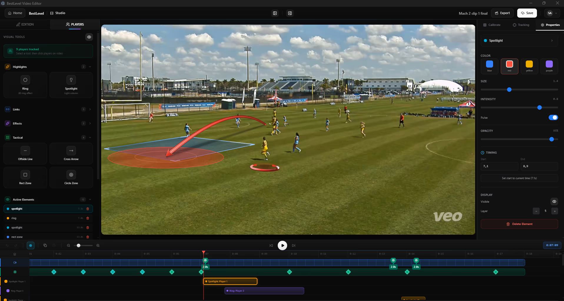BestLevel Video Editor — match footage with player spotlight, tracking and telestration timeline